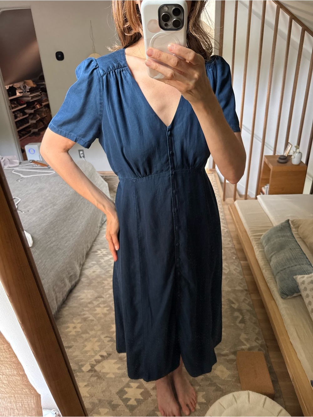 Levi's Navy Button-Front Midi Dress with Puff Sleeves